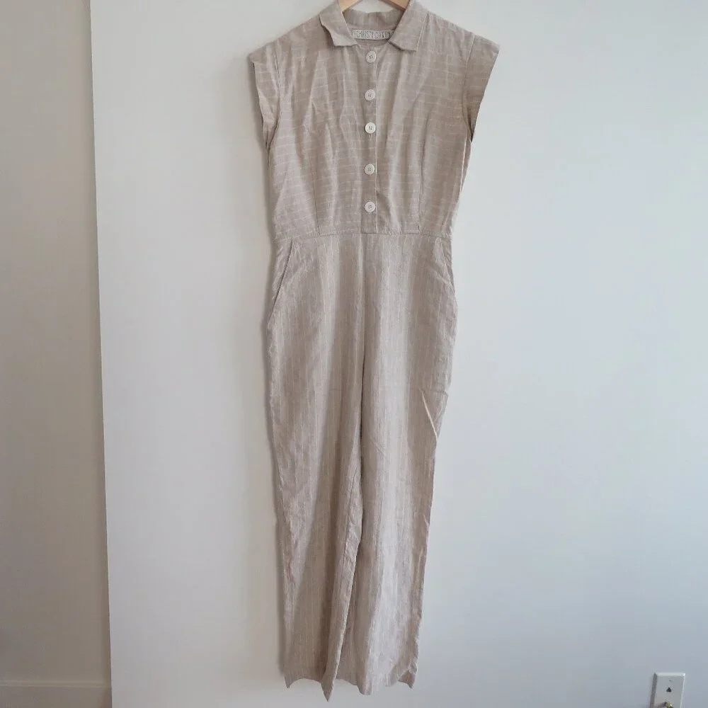 CHRISTY DAWN Phoebe Jumpsuit 100% Linen in Striped Tan Neutral - Size M - Picture 2 of 15